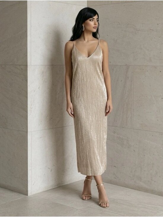 Zara Dresses & Skirts - Zara Champagne Shimmer Slip On Midi Dress Size Medium Side Slits